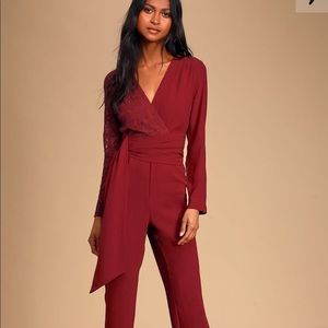 Lulus “One I Adore” Burgundy Lace Jumpsuit